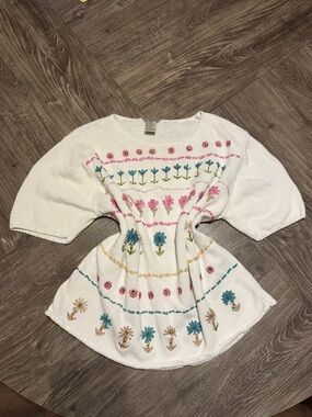 Embroidered Floral Ramie Cotton Knit Top Cottage Size L